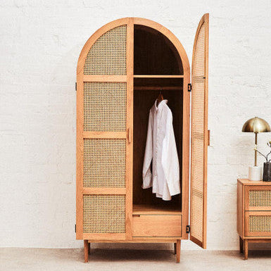 Orsina Lyon Oak and Rattan 2 Door Wardrobe – Natural Boho Armoire