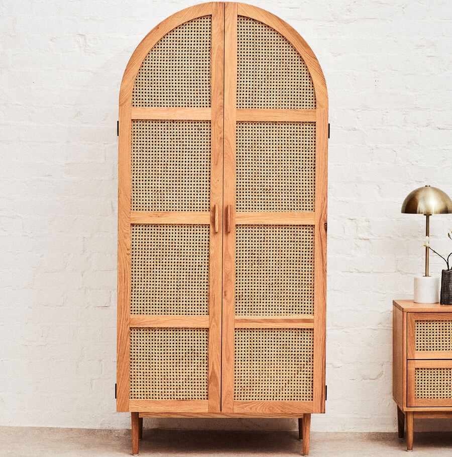 Orsina Lyon Oak and Rattan 2 Door Wardrobe – Natural Boho Armoire