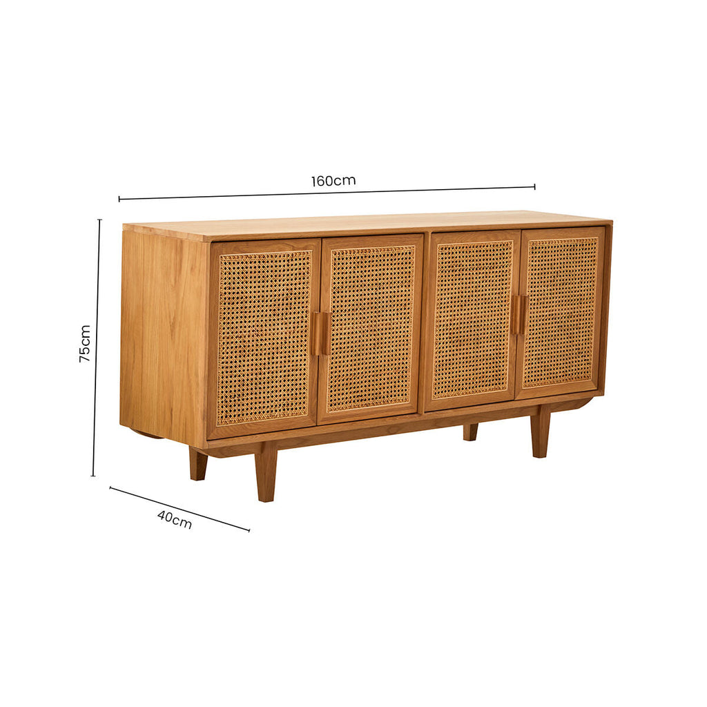 Orsina Lyon Rattan and Oak Wood 4 Door Sideboard – Modern Buffet