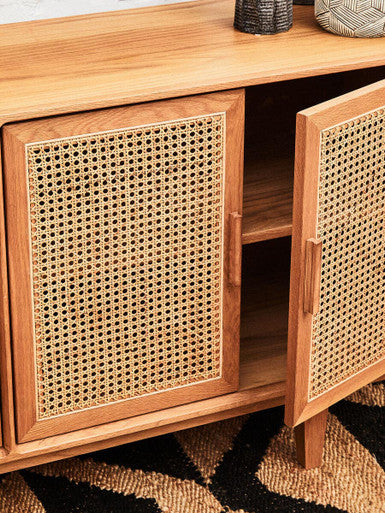 Orsina Lyon Rattan and Oak Wood 4 Door Sideboard – Modern Buffet