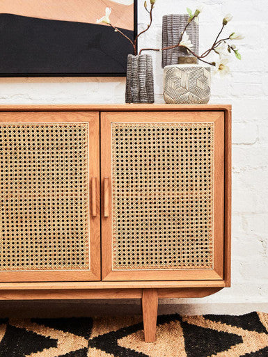 Orsina Lyon Rattan and Oak Wood 4 Door Sideboard – Modern Buffet