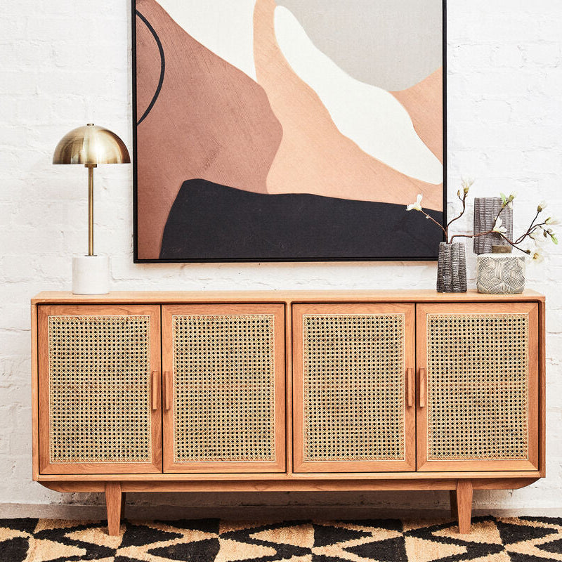 Orsina Lyon Rattan and Oak Wood 4 Door Sideboard – Modern Buffet