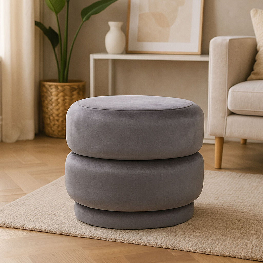 Orsina Hartford Grey Velvet Oval Pouffe – Modern Tufted Accent Stool