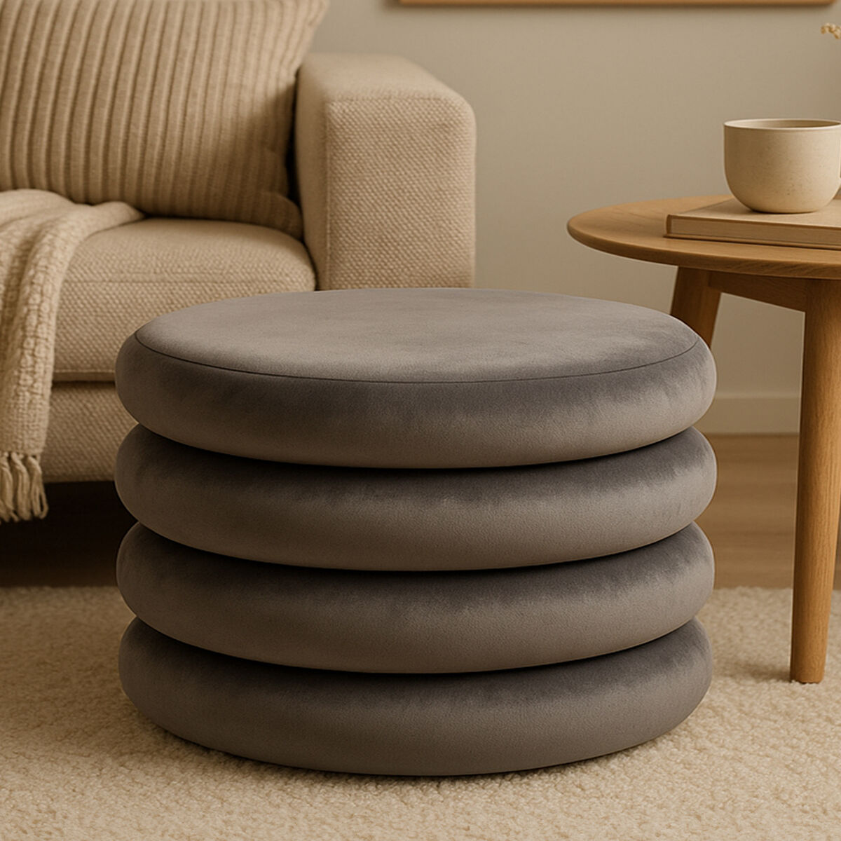 Orsina Hartford Grey Velvet Round Pouffe – Scandi Style Ottoman Footstool