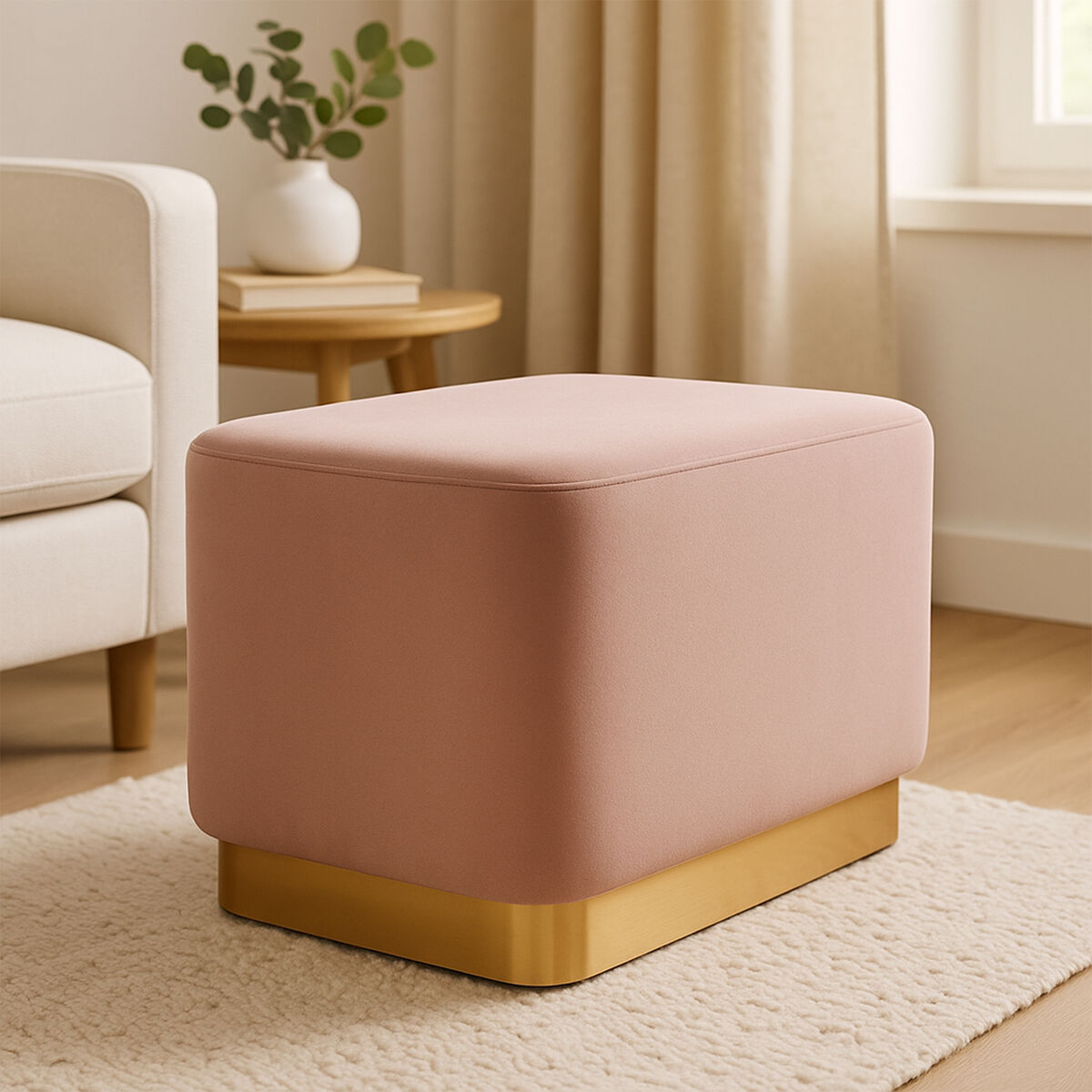 Orsina Hartford Pink Velvet Pouffe | Rectangular Ottoman with Gold Base