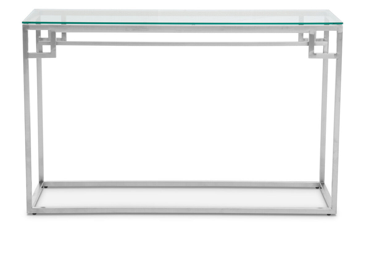 Orsina Geometric Silver Stainless Steel Console Table with Tempered Glass