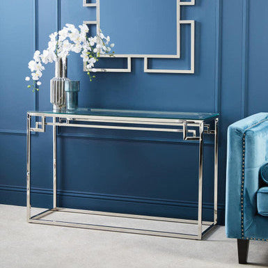 Orsina Geometric Silver Stainless Steel Console Table with Tempered Glass