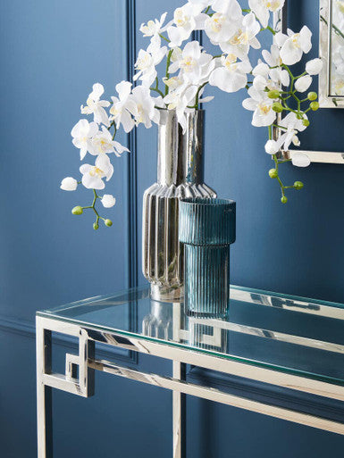 Orsina Geometric Silver Stainless Steel Console Table with Tempered Glass