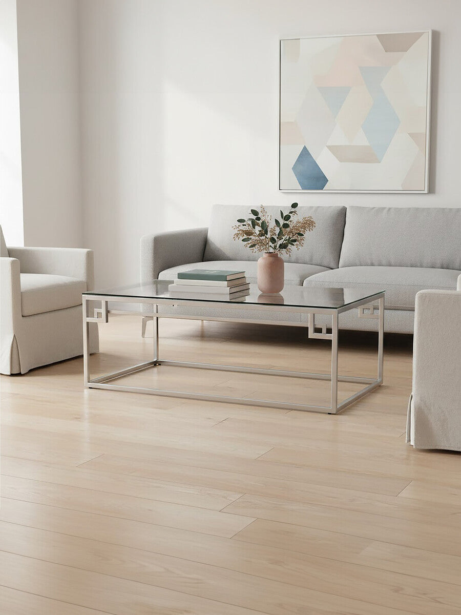 Orsina Allure Silver Coffee Table – Tempered Glass & Stainless Steel