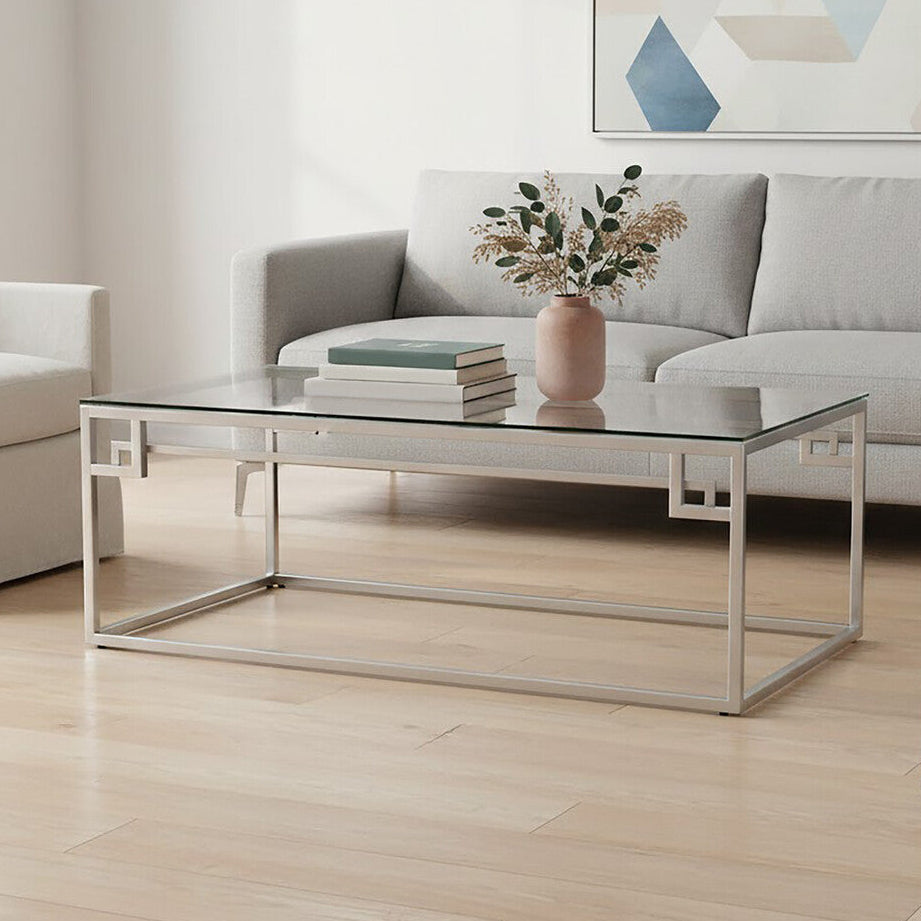 Orsina Allure Silver Coffee Table – Tempered Glass & Stainless Steel