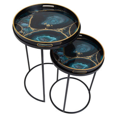 Orsina Celina Round Nesting Tables | Set of 2 Blue Agate Tray Tables