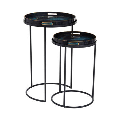 Orsina Celina Round Nesting Tables | Set of 2 Blue Agate Tray Tables