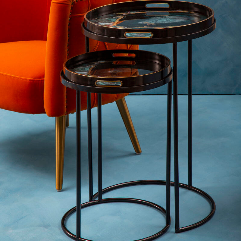 Orsina Celina Round Nesting Tables | Set of 2 Blue Agate Tray Tables