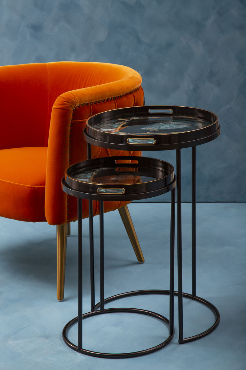Orsina Celina Round Nesting Tables | Set of 2 Blue Agate Tray Tables