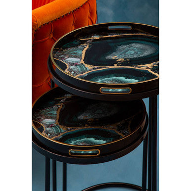 Orsina Celina Round Nesting Tables | Set of 2 Blue Agate Tray Tables