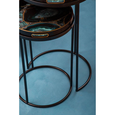 Orsina Celina Round Nesting Tables | Set of 2 Blue Agate Tray Tables