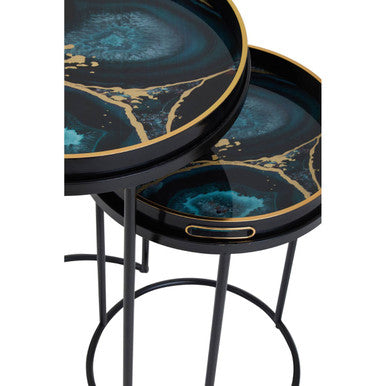 Orsina Celina Round Nesting Tables | Set of 2 Blue Agate Tray Tables