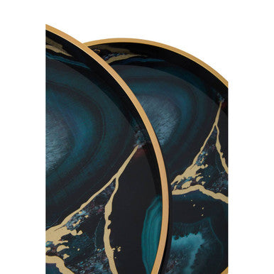 Orsina Celina Round Nesting Tables | Set of 2 Blue Agate Tray Tables