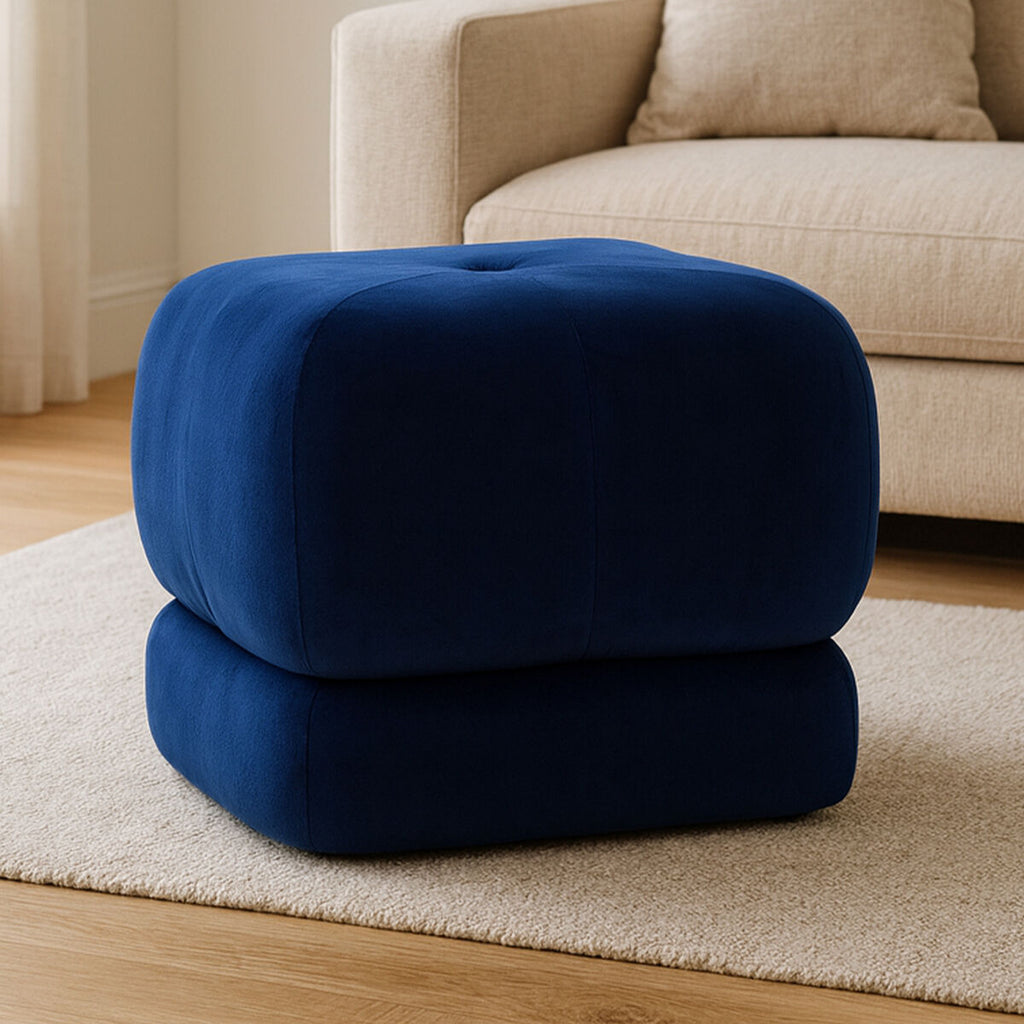 Orsina Kaia Midnight Blue Velvet Square Stool | Tufted Ottoman