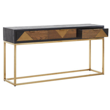 Orsina Siena Black Oak Console Table | Geometric Brass & Gold Legs