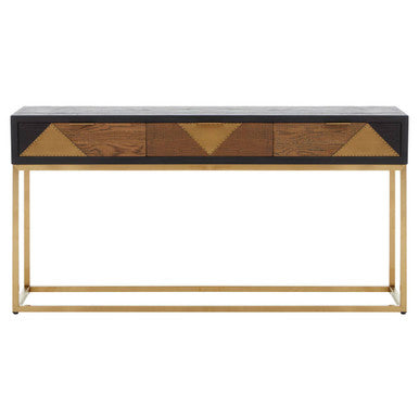 Orsina Siena Black Oak Console Table | Geometric Brass & Gold Legs
