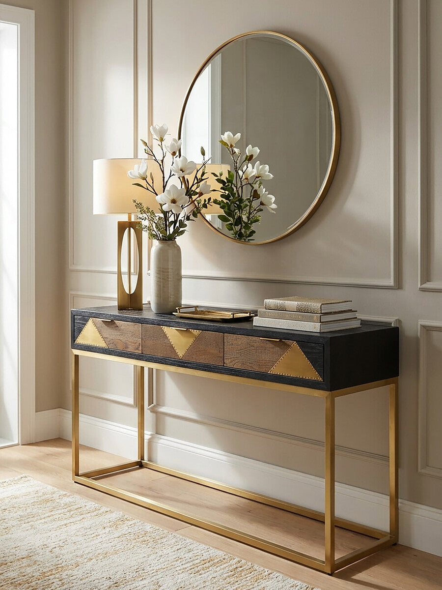 Orsina Siena Black Oak Console Table | Geometric Brass & Gold Legs