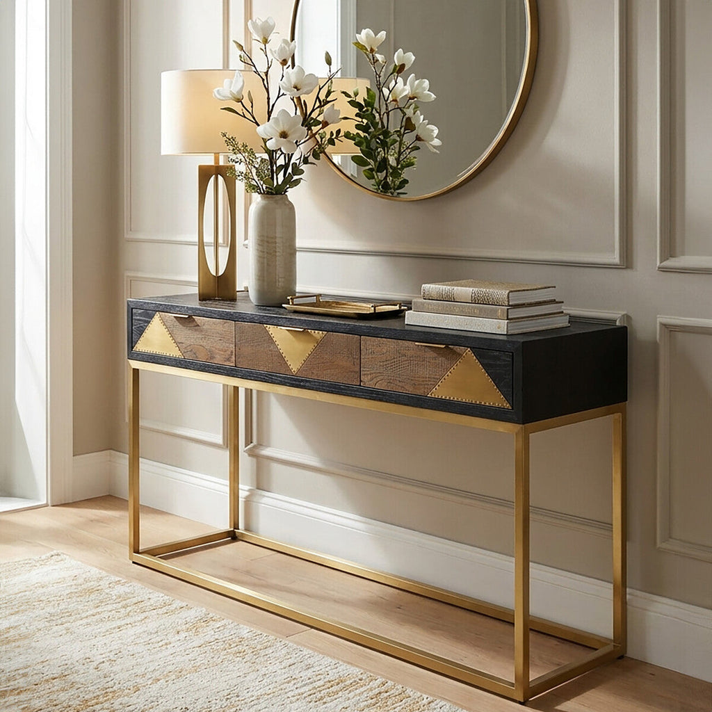 Orsina Siena Black Oak Console Table | Geometric Brass & Gold Legs