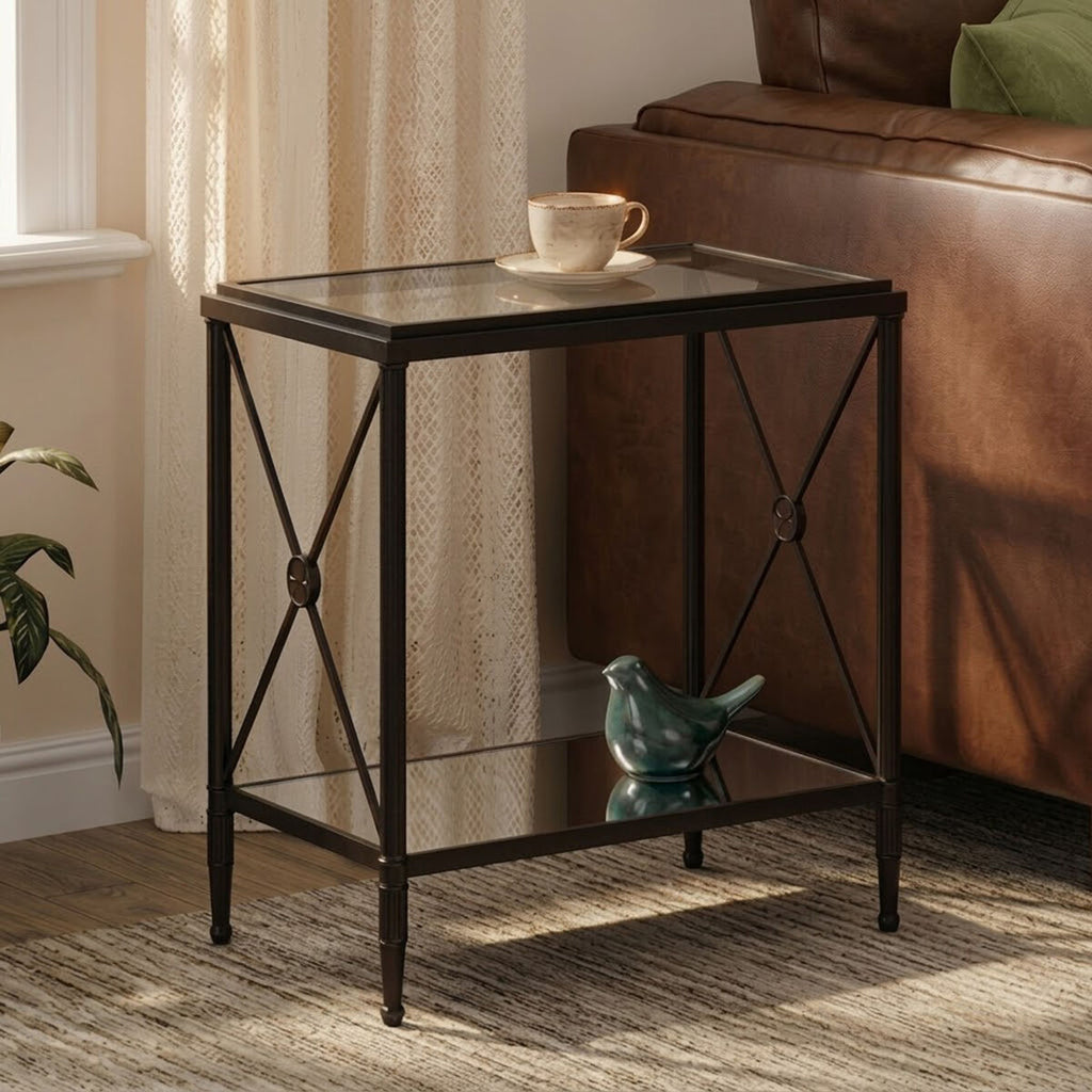 Orsina Axis Black Metal Side Table – 2-Tier Glass Rectangular Frame
