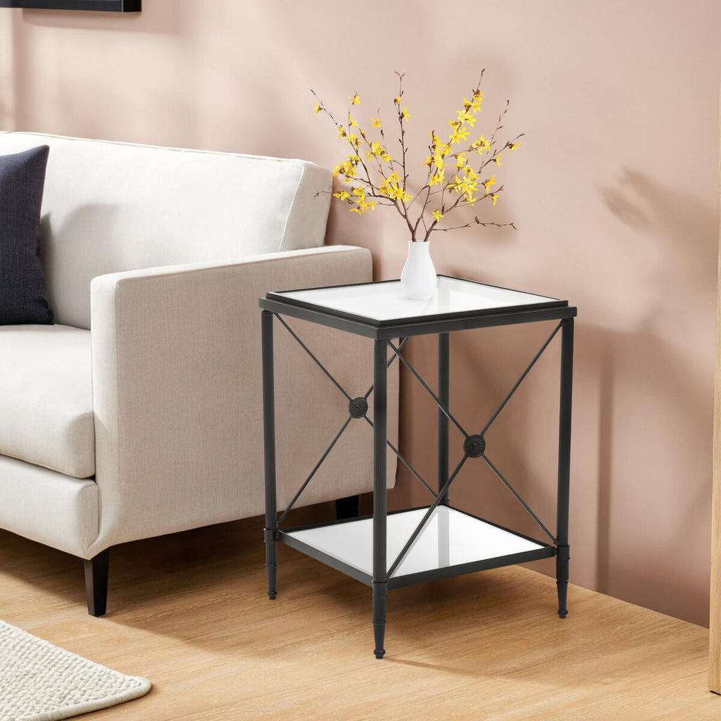 Orsina Axis Square Side Table – Black Metal & Two-Tier Glass Shelves