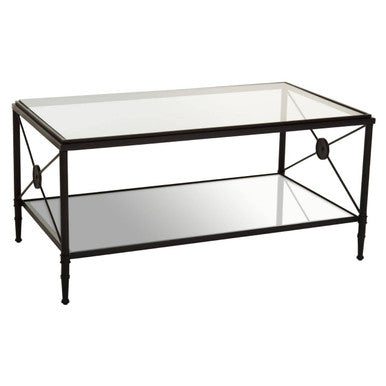 Orsina Axis 2-Tier Glass Coffee Table – Black Metal Frame with X-Sides