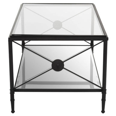 Orsina Axis 2-Tier Glass Coffee Table – Black Metal Frame with X-Sides