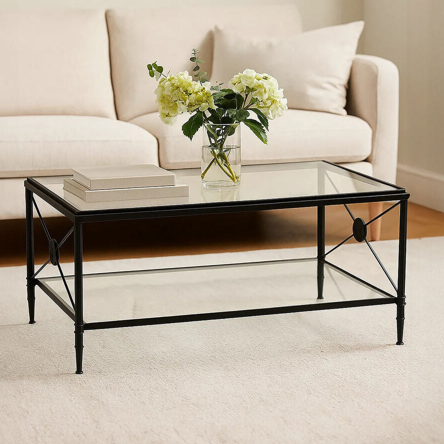 Orsina Axis 2-Tier Glass Coffee Table – Black Metal Frame with X-Sides