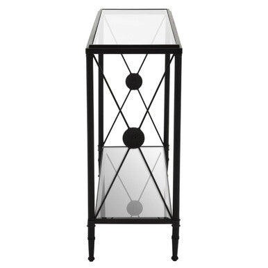 Orsina Axis Console Table – Black Metal Frame with 2-Tier Glass Shelves