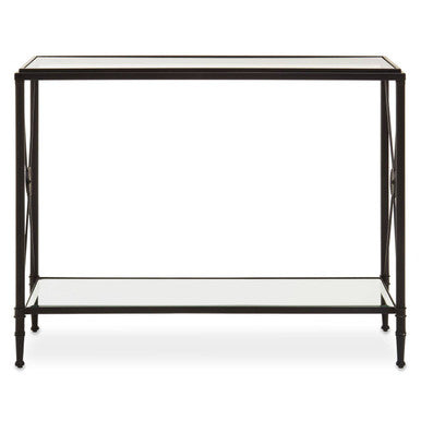 Orsina Axis Console Table – Black Metal Frame with 2-Tier Glass Shelves