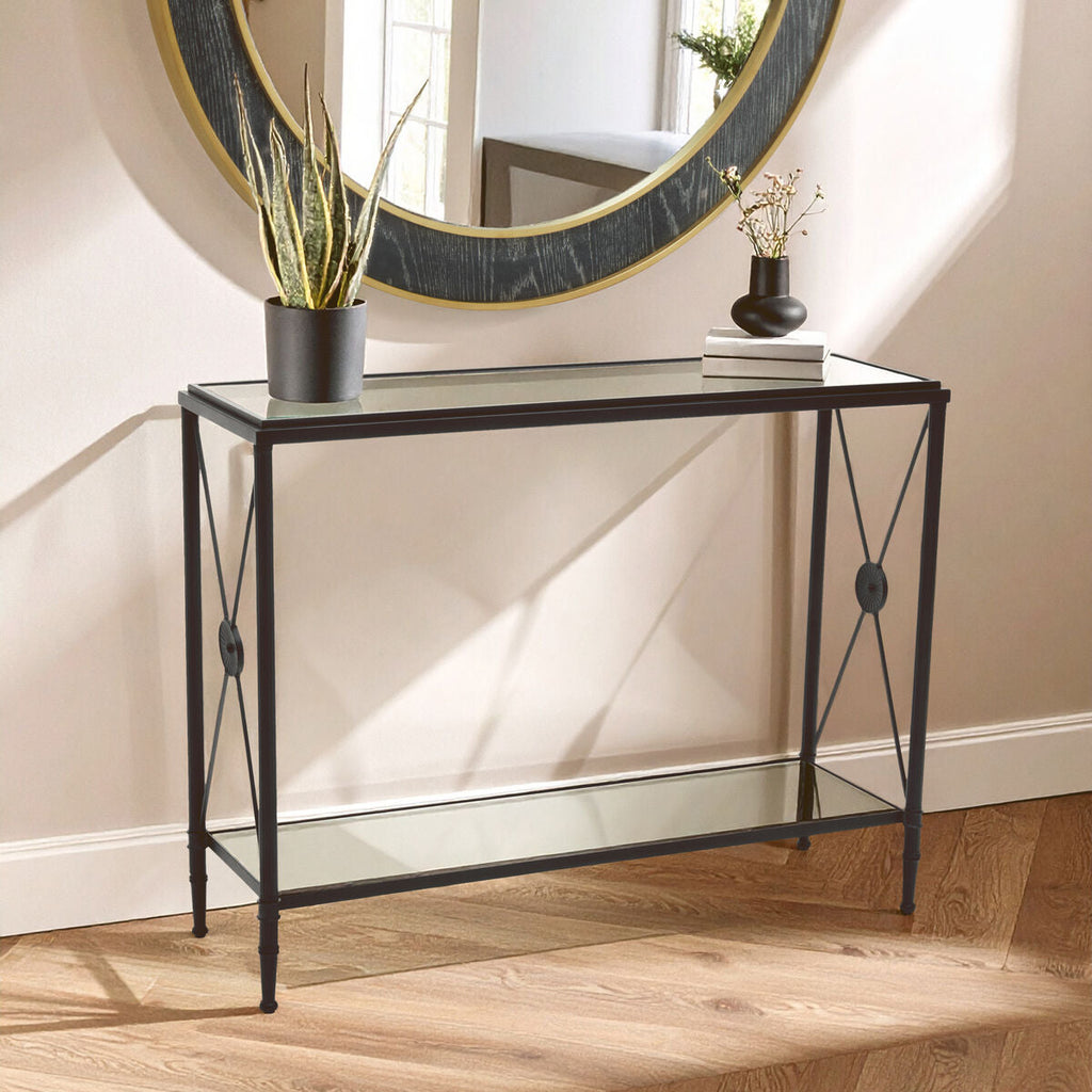 Orsina Axis Console Table – Black Metal Frame with 2-Tier Glass Shelves