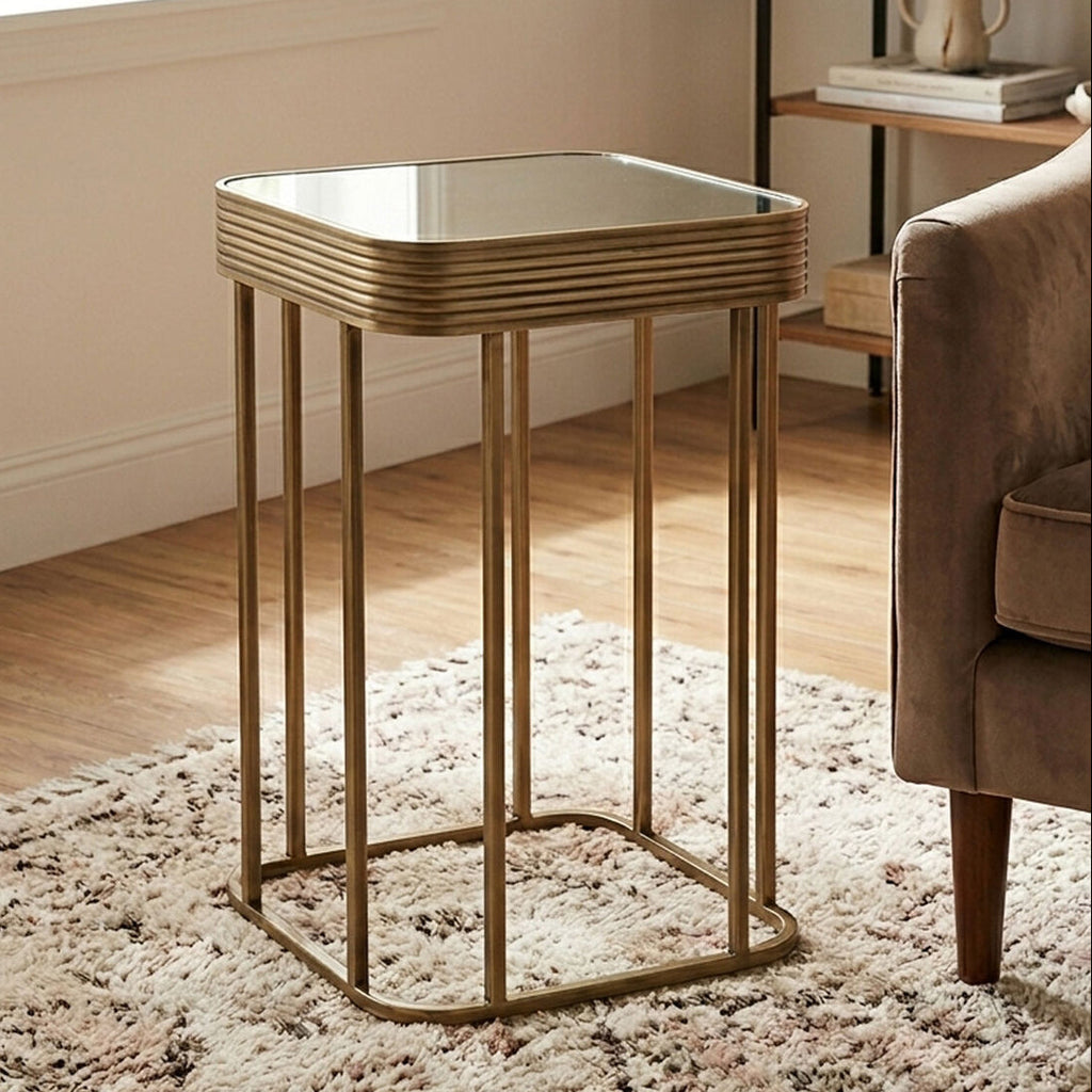 Orsina Ella Gold Side Table – Mirrored Top with Textured Edge
