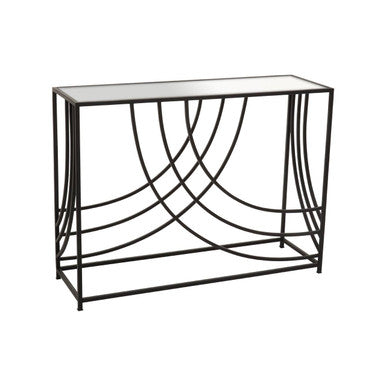 Orsina Logan Mirrored Glass Console Table - Black Curved Iron Frame