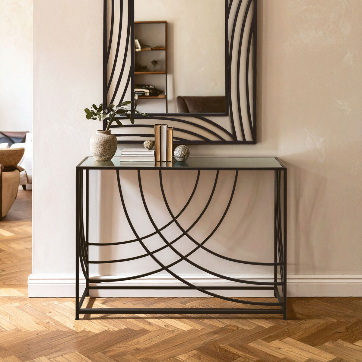 Orsina Logan Mirrored Glass Console Table - Black Curved Iron Frame