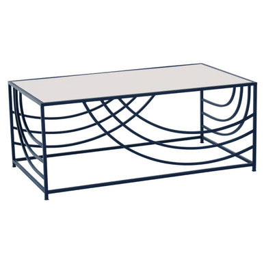 Orsina Logan Mirrored Glass Coffee Table | Black Curved Metal Frame