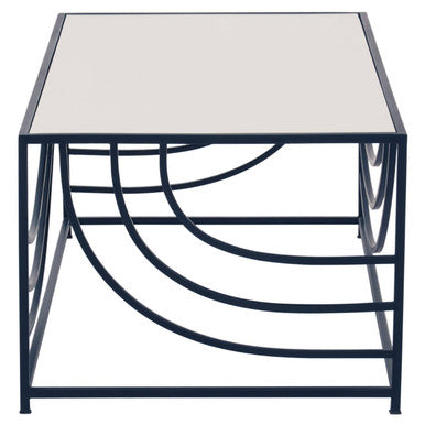 Orsina Logan Mirrored Glass Coffee Table | Black Curved Metal Frame