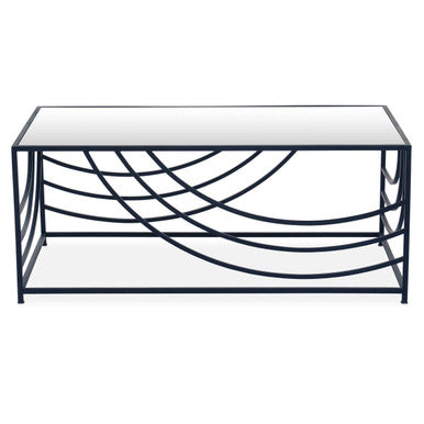 Orsina Logan Mirrored Glass Coffee Table | Black Curved Metal Frame