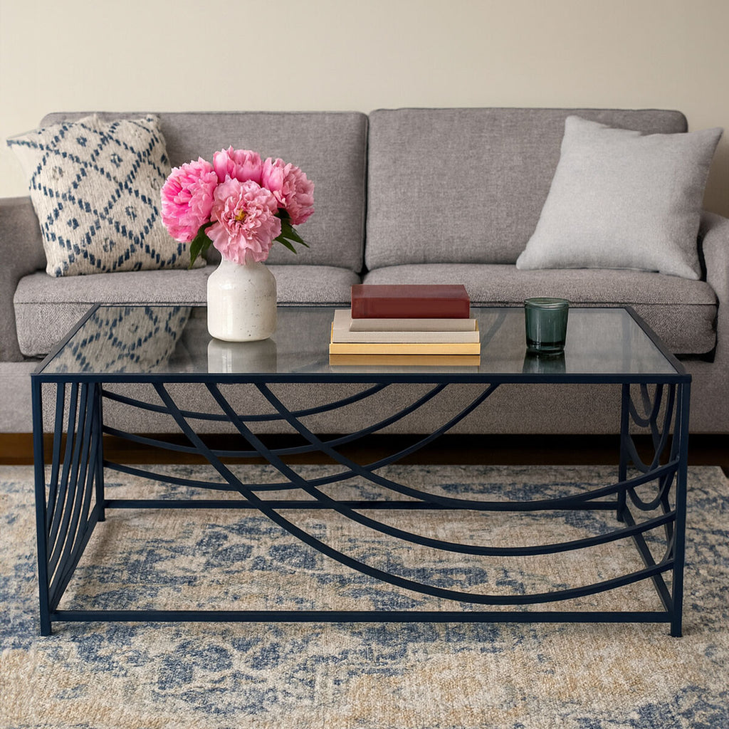 Orsina Logan Mirrored Glass Coffee Table | Black Curved Metal Frame