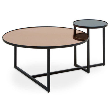 Orsina Cercle 2-Tier Coffee Table – Smoked Mirror & Black Metal Frame