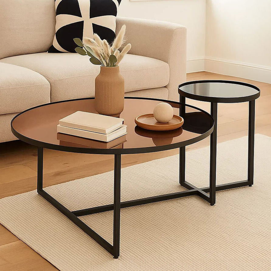 Orsina Cercle 2-Tier Coffee Table – Smoked Mirror & Black Metal Frame
