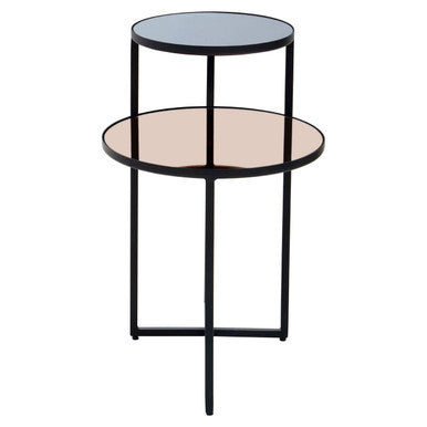 Orsina Cercle 2-Tier Side Table – Smoked Mirror & Black Metal Frame