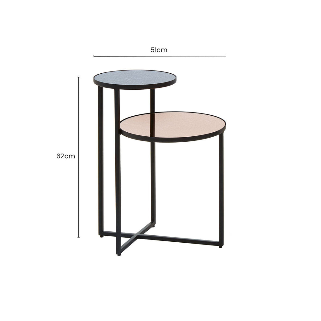 Orsina Cercle 2-Tier Side Table – Smoked Mirror & Black Metal Frame