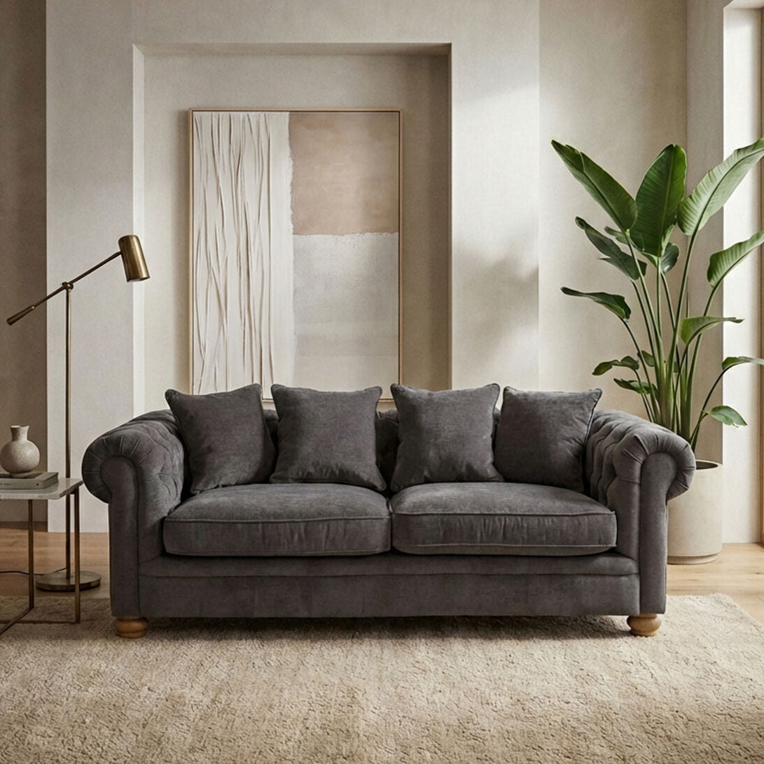 Orsina Spencer 3 Seater Grey Fabric Sofa with Wooden Legs