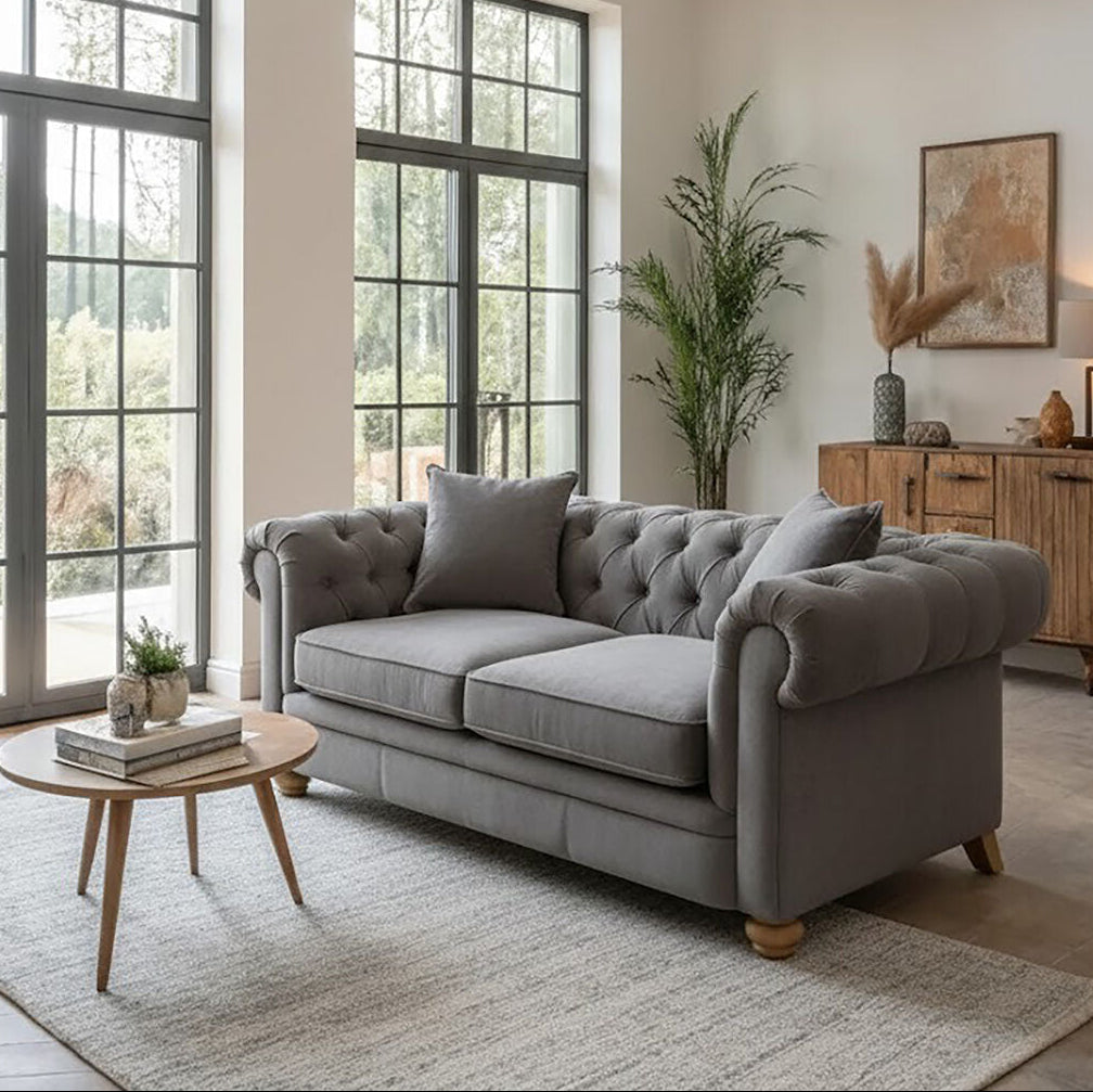 Orsina Spencer 2 Seater Grey Fabric Sofa | Tufted Back Loveseat