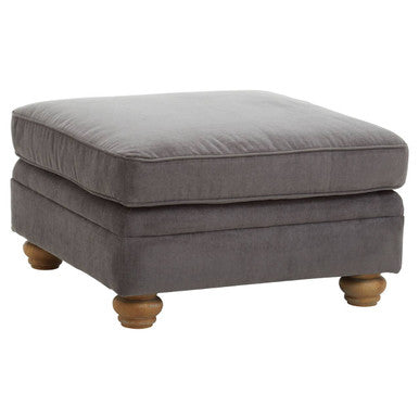 Orsina Spencer Grey Fabric Footstool – Round Ottoman with Brown Legs