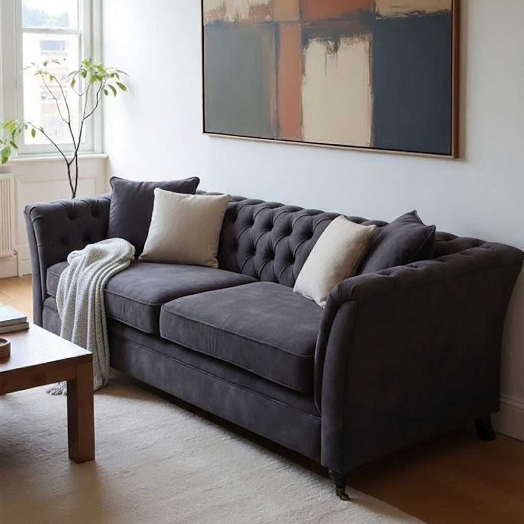 Orsina Sabrina 3 Seater Grey Velvet Sofa | Button Tufted Living Room Couch